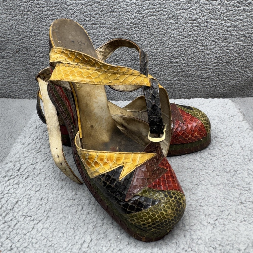 Terry de Havilland Platform Wedge Slingback Patchwork Sandals 70s Sz US 8 Honey